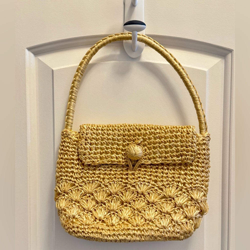 Vintage Japanese Raffia Woven Straw Handbag Made in Japan Tan OOAK Mid Century